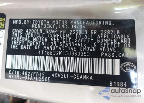 2005 Toyota Camry from USA, damaged, VIN 4T1BE32K15U960353